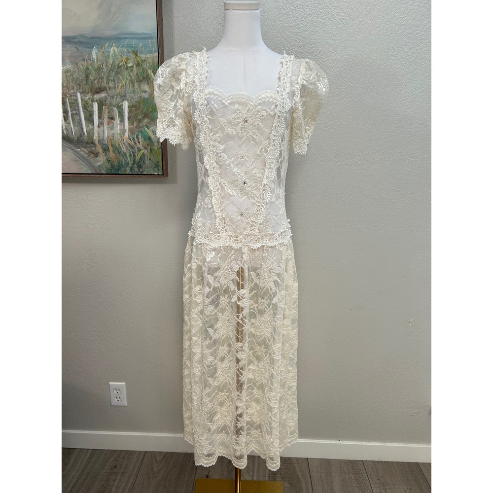 Vintage Cream Floral Lace Midi Dress Short Puff Sleeve Pearl Rhinestone 9/10